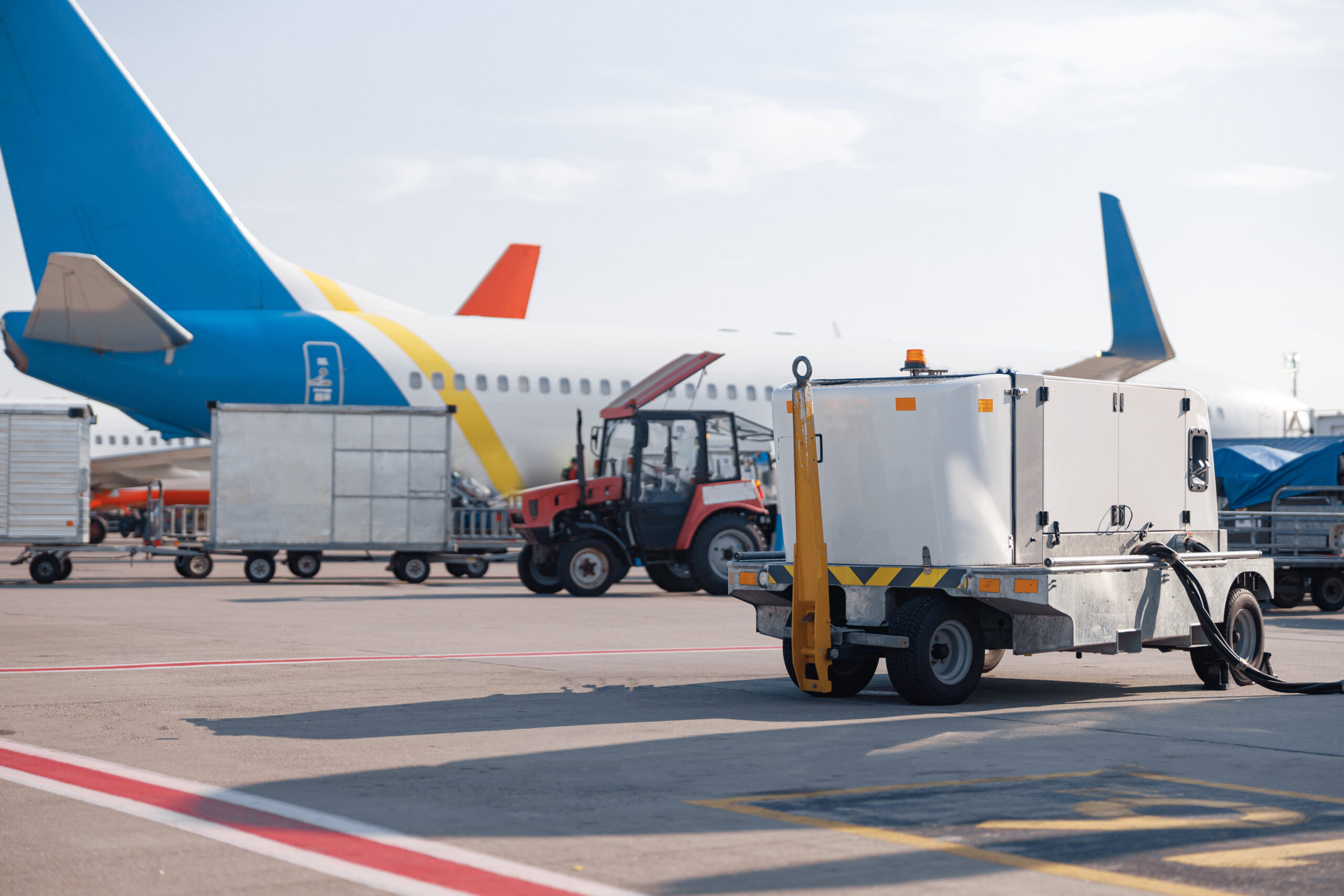 White airplane at airport refueling station outdoors on a daytime. Aircraft